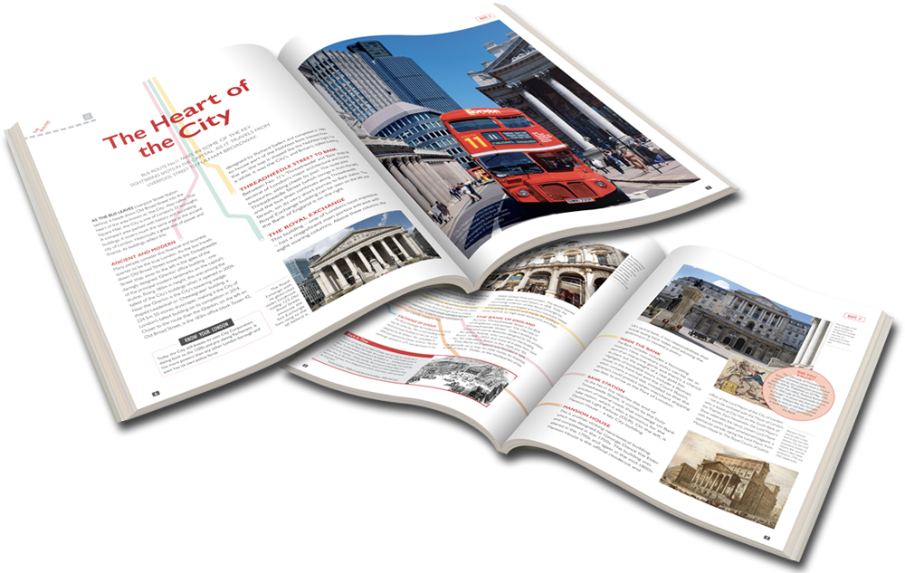 都市探索雜誌版面 壁紙 — 打開的旅遊指南，展示倫敦標誌性的紅色雙層巴士和歷史建築，在明亮的日光下。