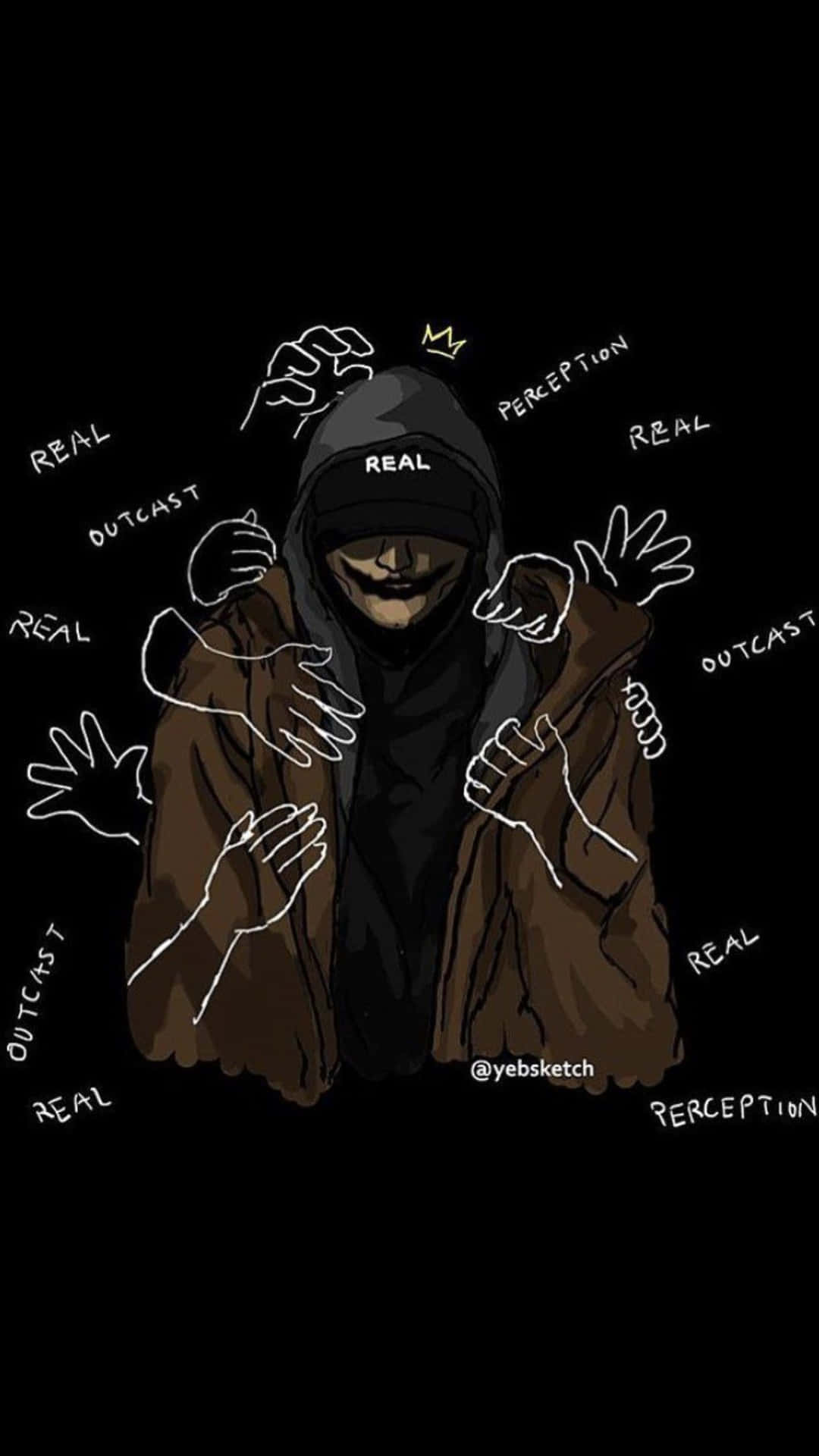 一個穿著連帽衫的蒙面人物，被漂浮的手和「real」、「outcast」等詞語包圍。