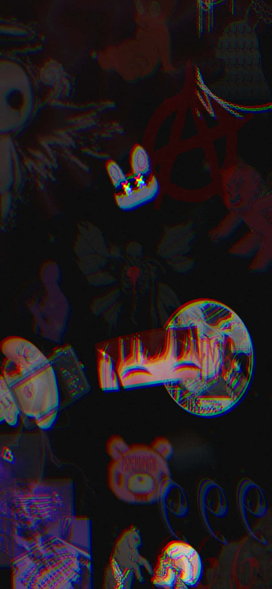 在黑暗數位空間中呈現扭曲卡通角色和符號的故障藝術。