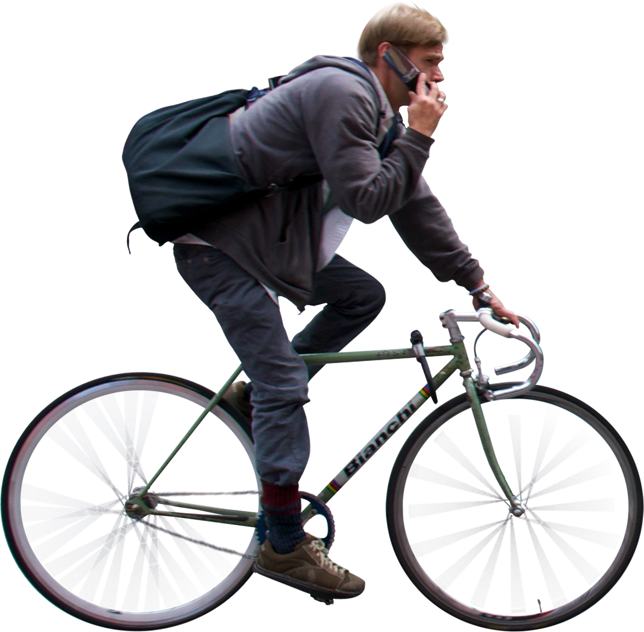 都市自行車騎士通話 壁紙 — 一位穿著灰色連帽衫和背包的騎自行車者，騎著一輛綠色的Bianchi自行車，同時在帶有故障數位扭曲效果的情況下講電話。