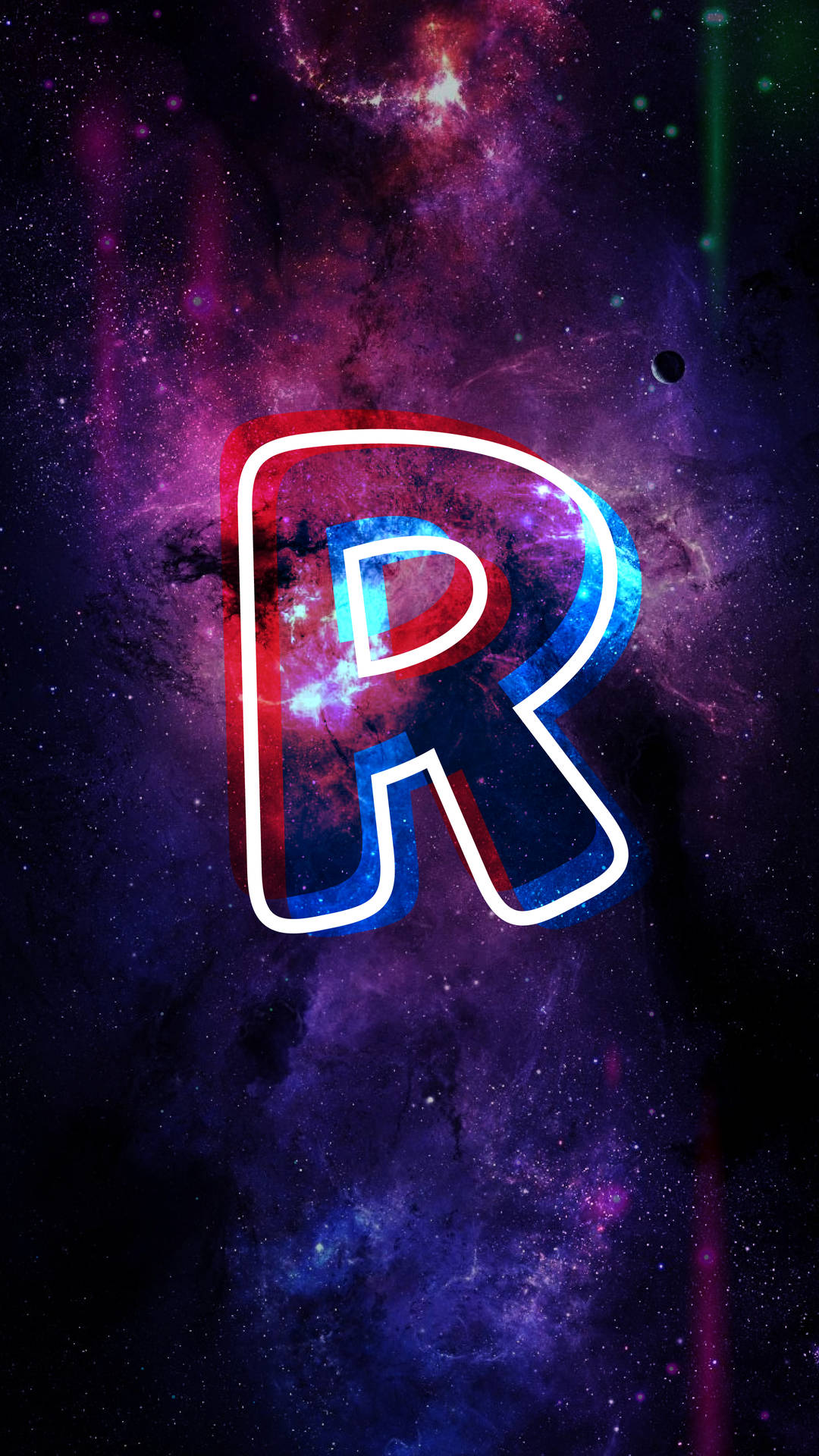 霓虹字母R在色彩繽紛的宇宙背景中發光。