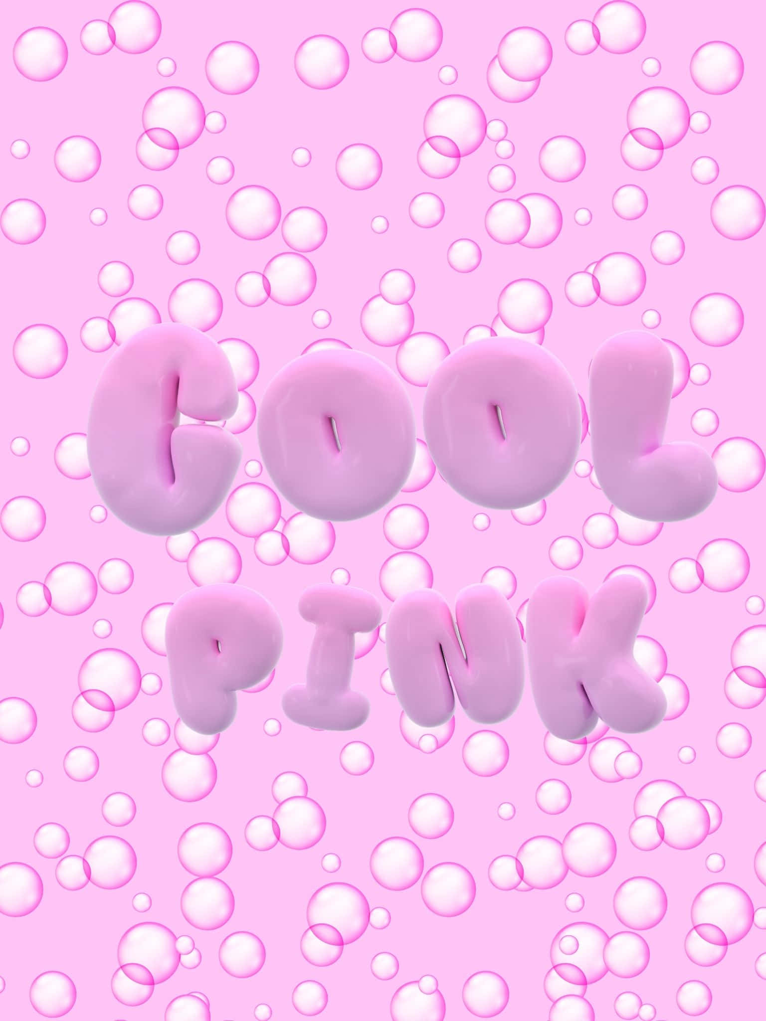 都市風景的涼爽詮釋 壁紙 — 閃亮的粉紅色泡泡字母拼出 cool pink，漂浮在柔軟粉紅色背景上的半透明粉紅色泡泡場中。