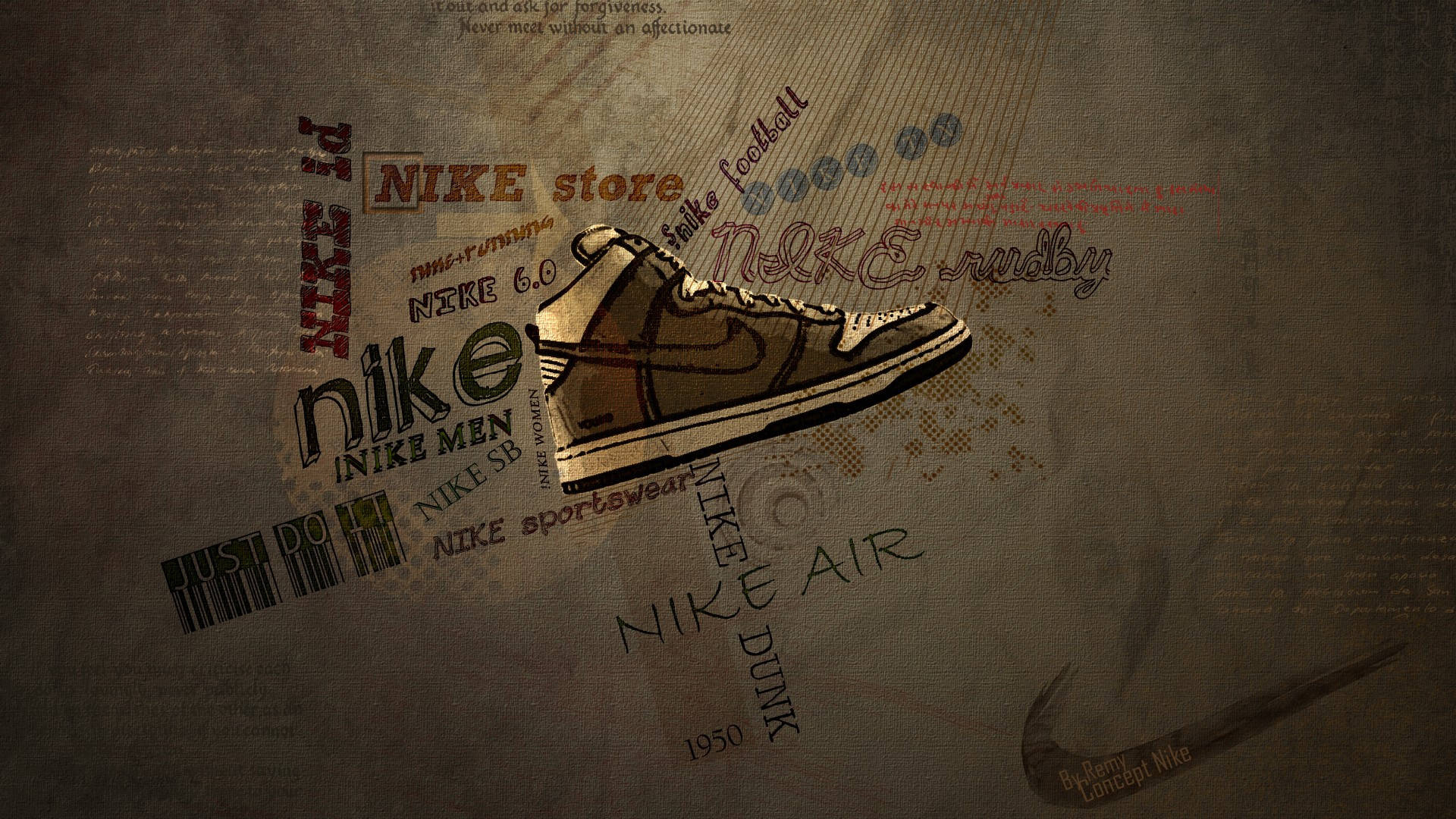 都市風格Nike iPhone 壁紙 — 一個復古Nike運動鞋插圖，周圍環繞著復古品牌文字，背景為有紋理的棕色。