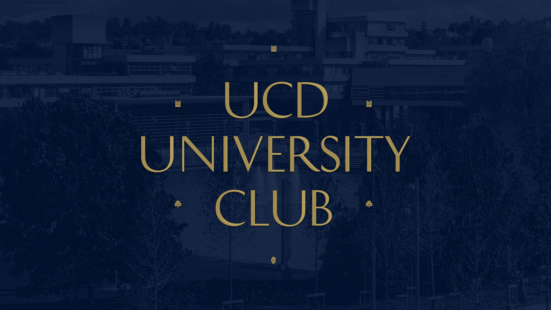 金色 University Club 文字在藍色調的校園背景上。