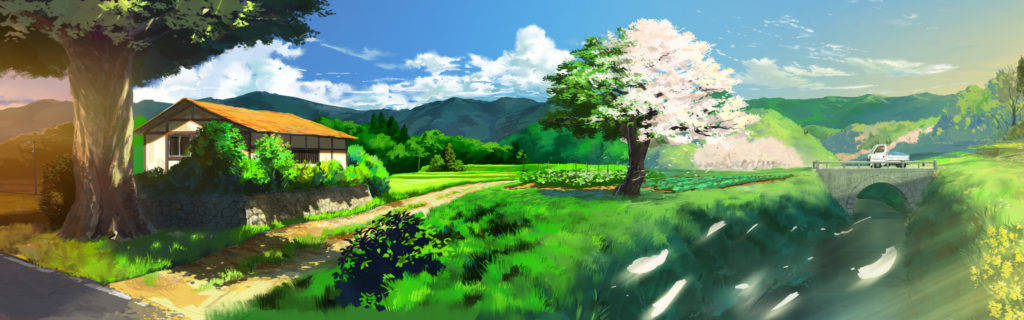鄉村小屋動漫電腦壁紙 壁紙 — 一個寧靜的動畫風格鄉村場景，有盛開的櫻花樹、石橋橫跨溪流，以及一間坐落在蒼翠山丘中的房子，在明亮的藍天下。