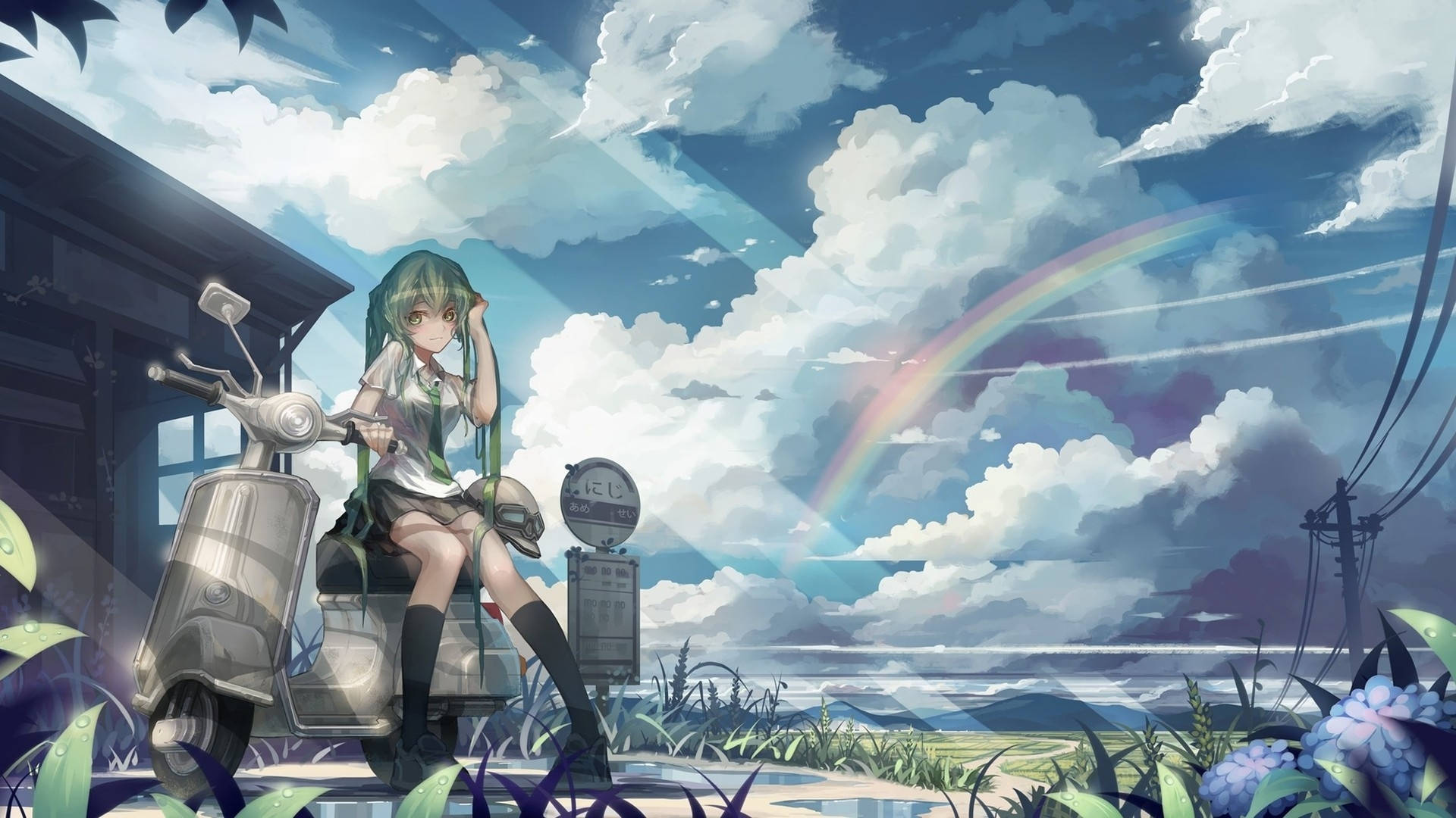 動漫女孩在彩虹天空下滑板車，有雲和花