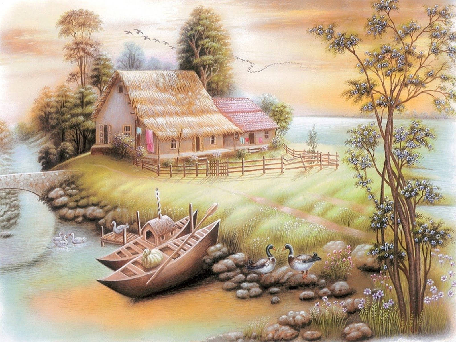 河邊小屋，有船和鴨子，夕陽下