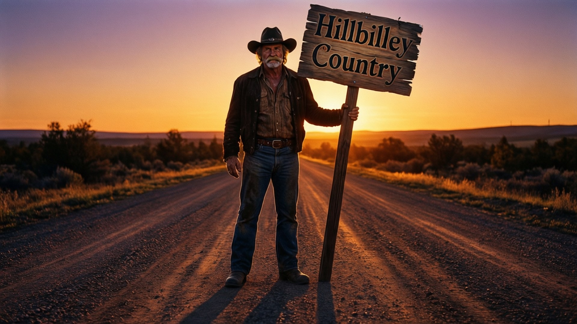 戴牛仔帽的男人在夕陽下的泥路上舉著Hillbilly Country標誌。