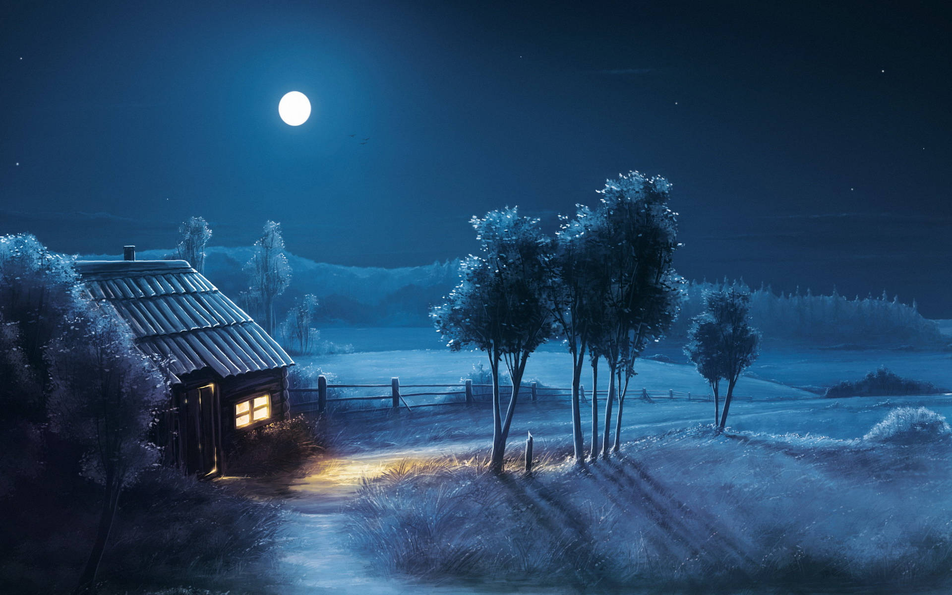 在滿月下，雪夜中一間溫暖照明的小屋。
