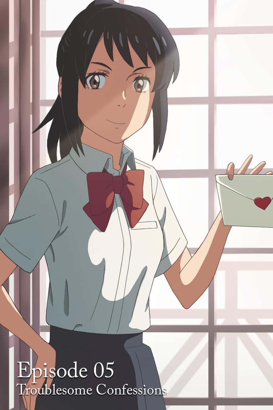 鄉村的魔法早晨 壁紙 — 一個穿著校服的年輕動漫女孩，站在陽光照射的窗邊，拿著一個帶有心形封條的信封。