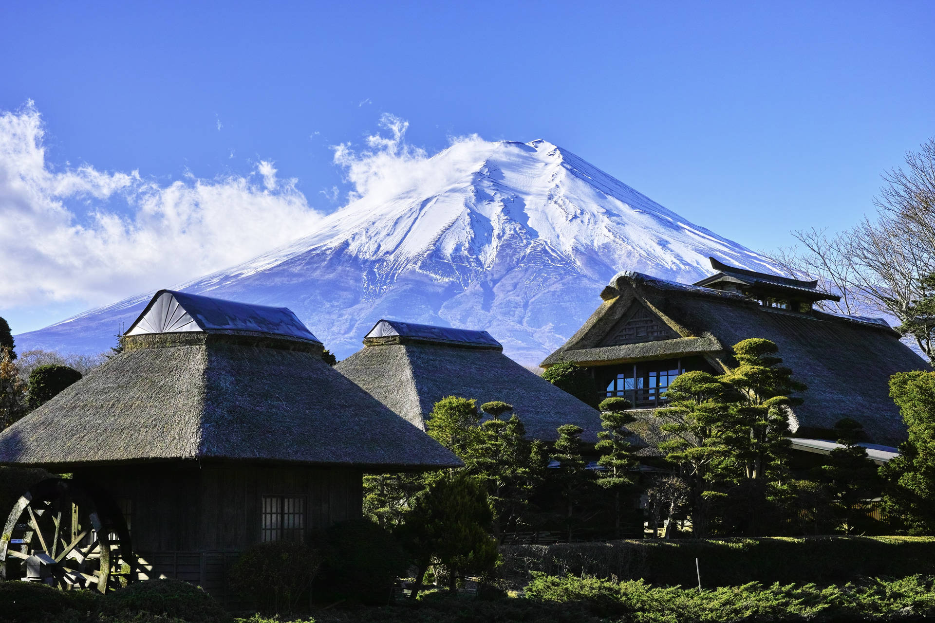 傳統的日本茅草屋頂建築，背景是富士山。