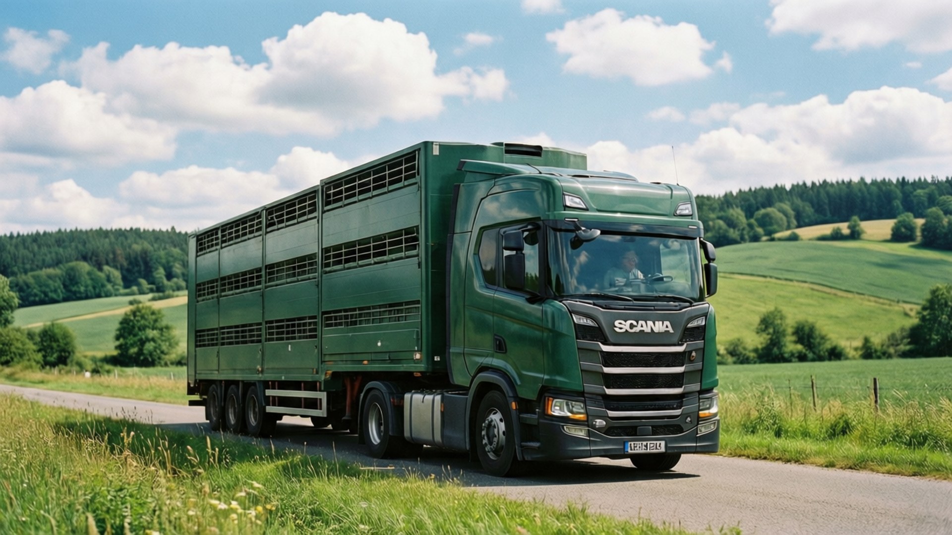 綠色Scania卡車在鄉村道路上運輸牲畜，周圍是綠色田野和藍天。