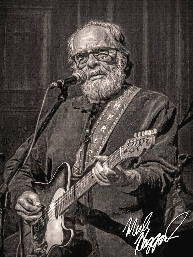 Merle Haggard 以黑白油畫形式，手持結他及咪高峰表演。