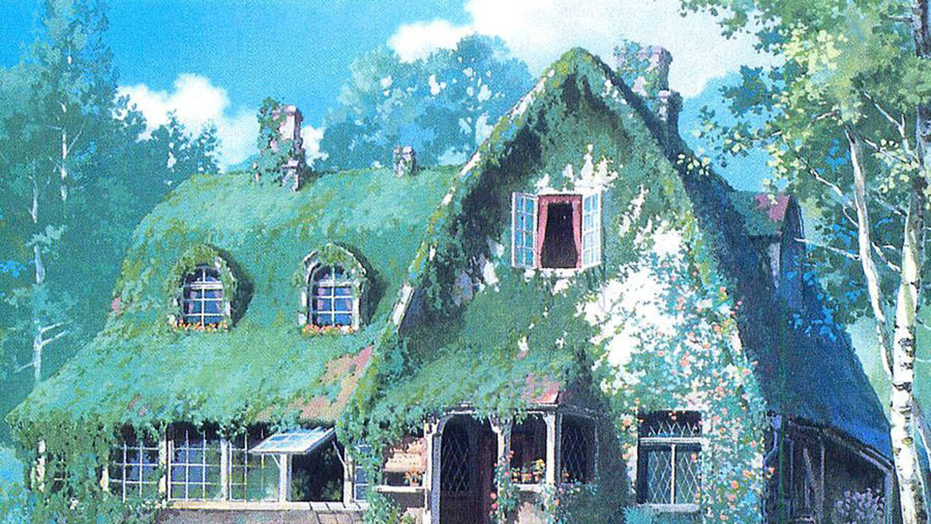 舒適的小屋，覆蓋著常春藤和苔蘚，在陽光明媚的日子裡被樹木環繞。