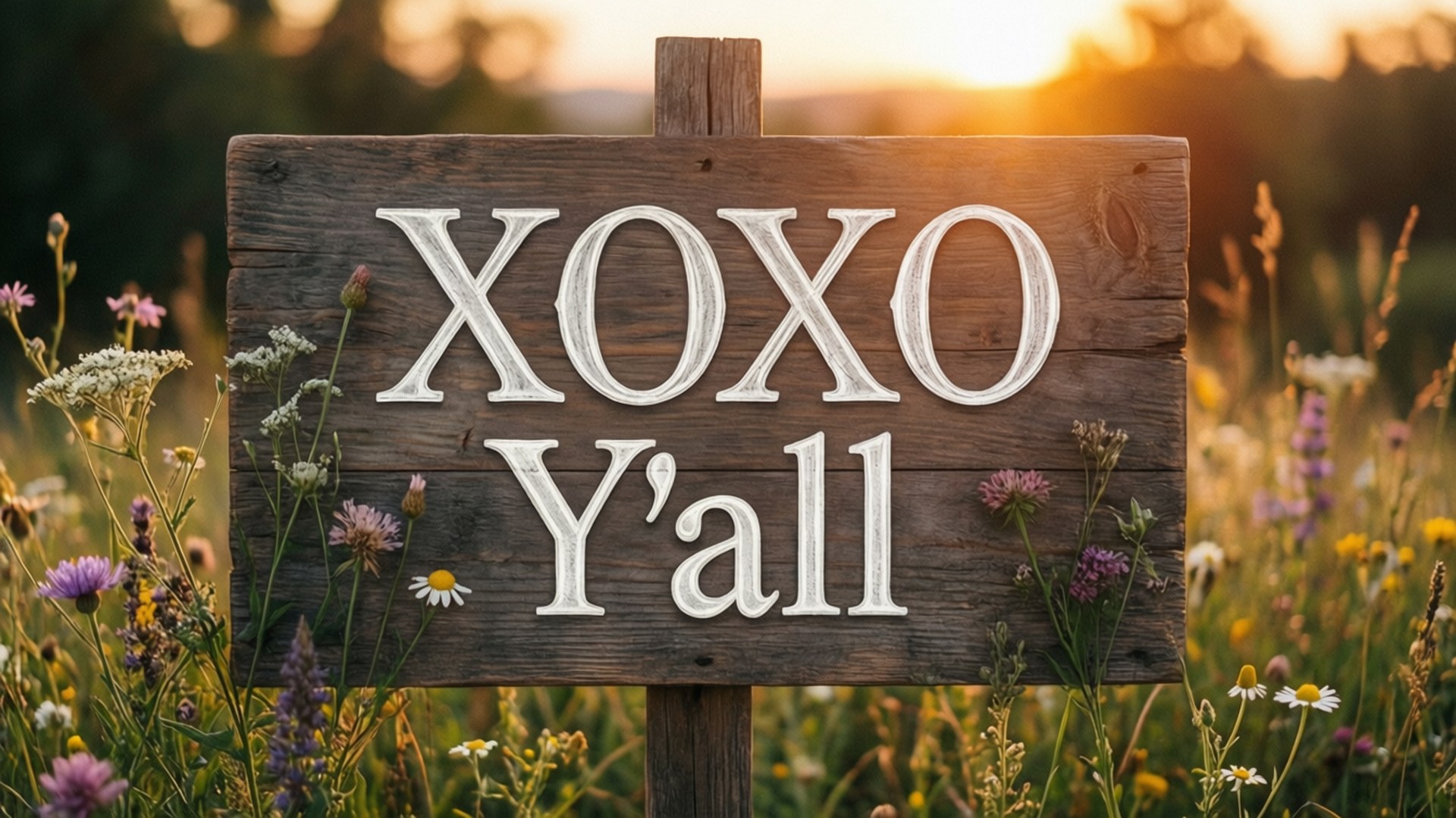 鄉村風情 XOXO 壁紙 — 一塊寫著 XOXO Y'all 的質樸木牌矗立在陽光明媚、開滿野花的草地上，正值黃金時刻。