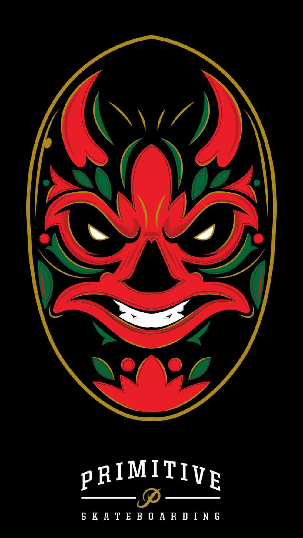 紅綠惡魔面具，發光的眼睛，金色邊框，黑色背景。