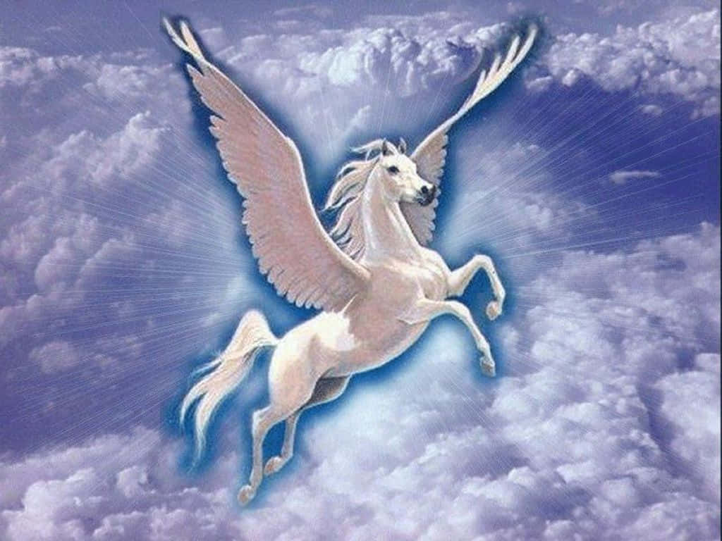 一匹白色飛馬在雲端飛翔，伴隨著耀眼的光芒。