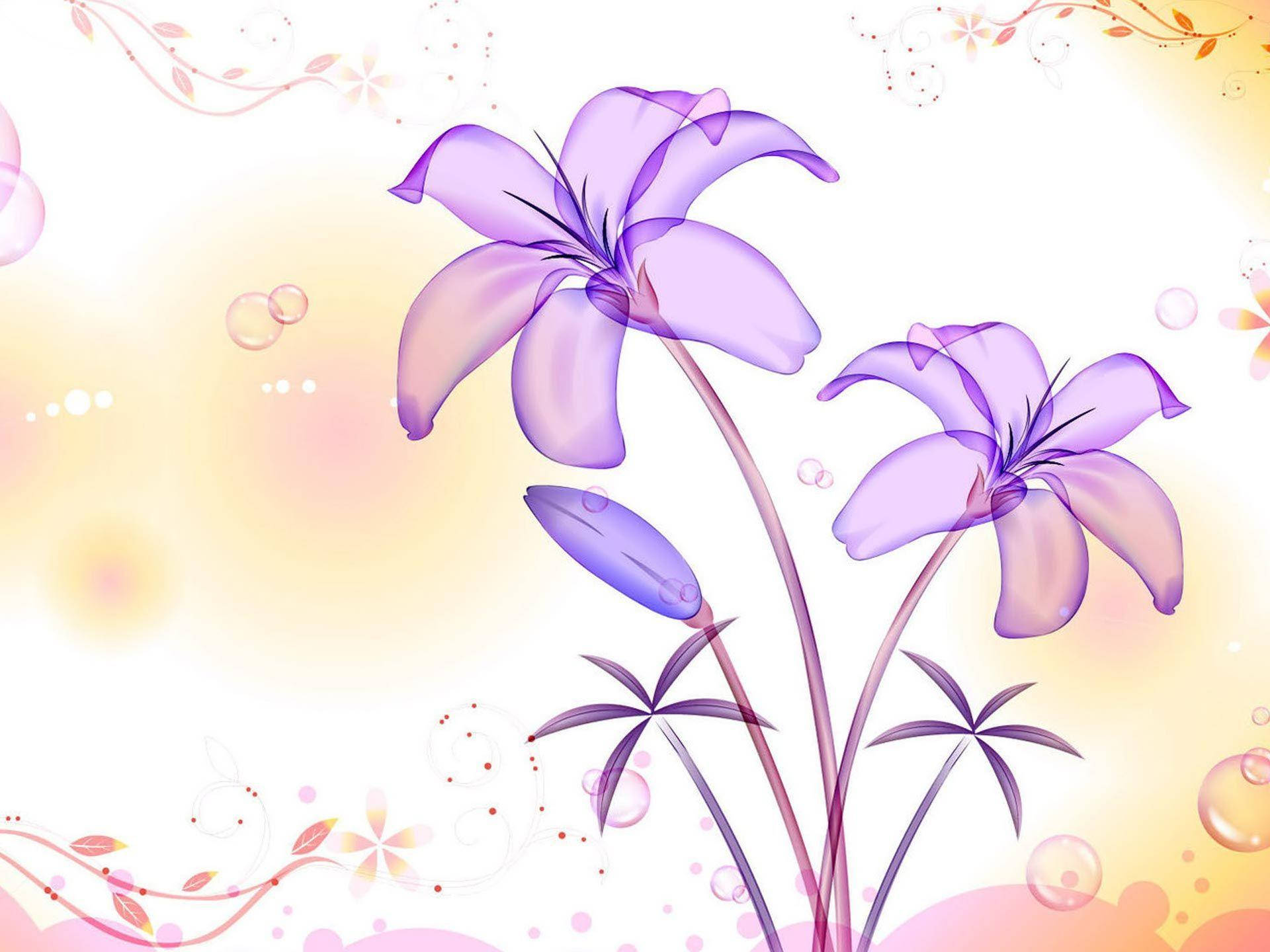 兩朵紫色百合花，帶有氣泡和花卉漩渦，在粉彩漸變背景上。