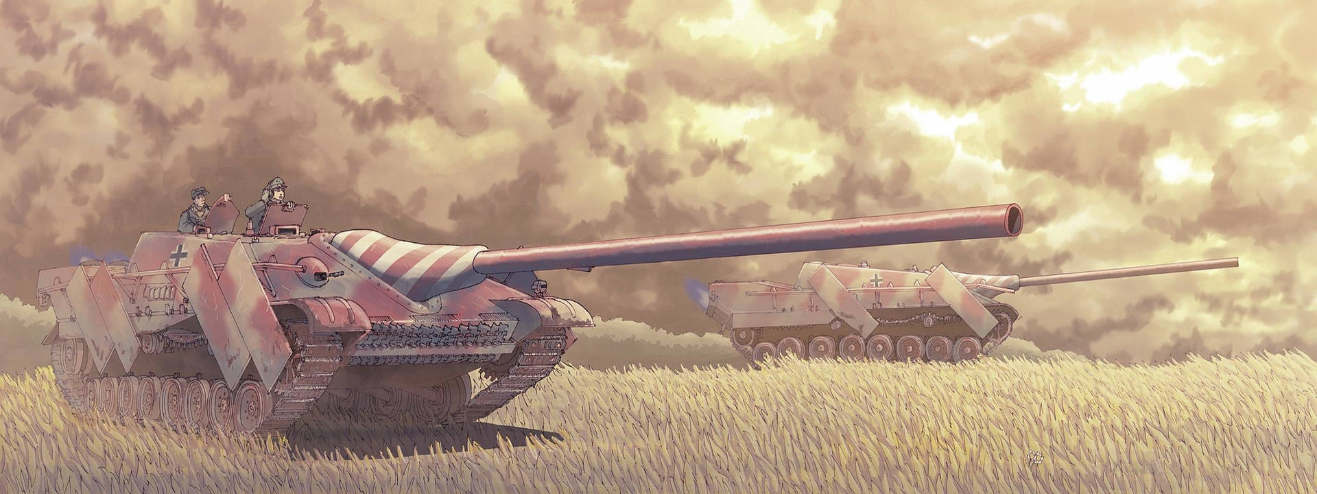 多雲天空下，麥田中的兩輛軍用坦克與士兵。