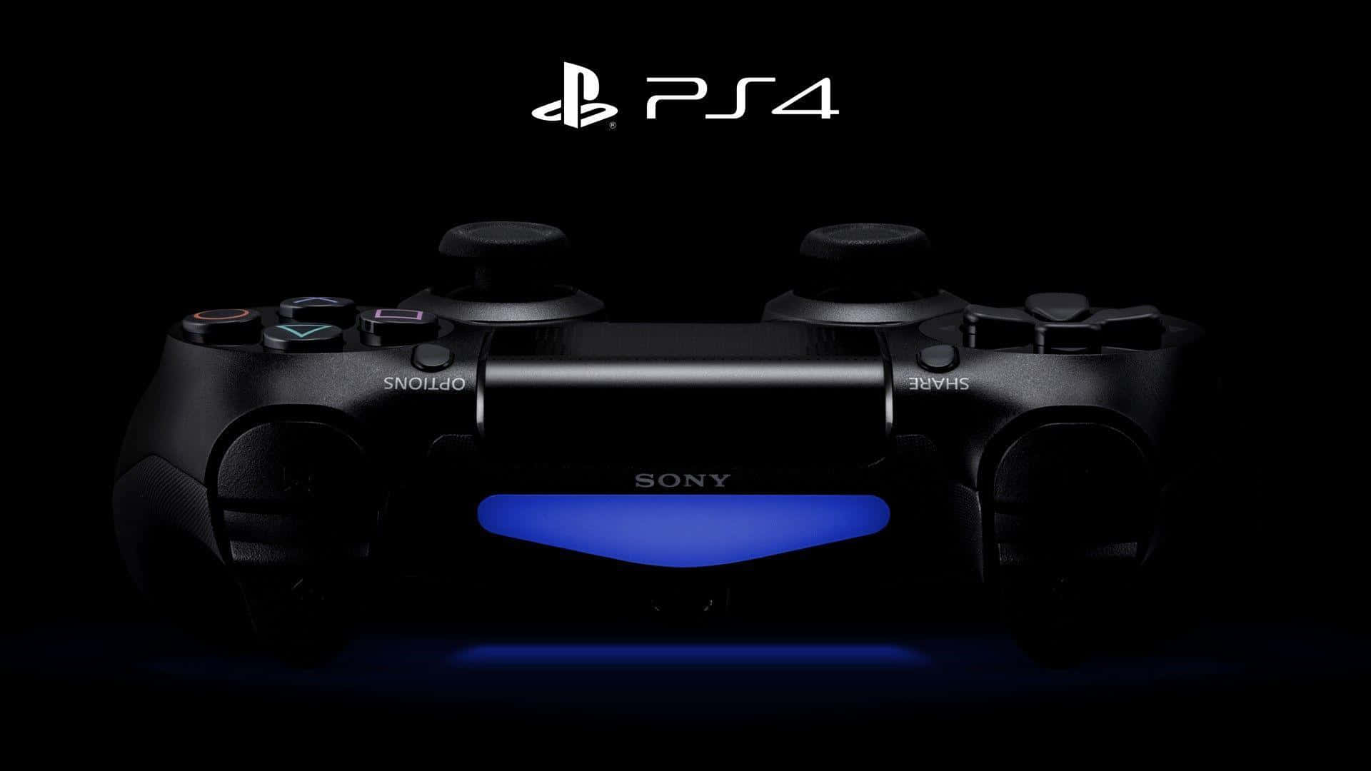 黑色PS4手掣在黑暗背景上發出藍光。