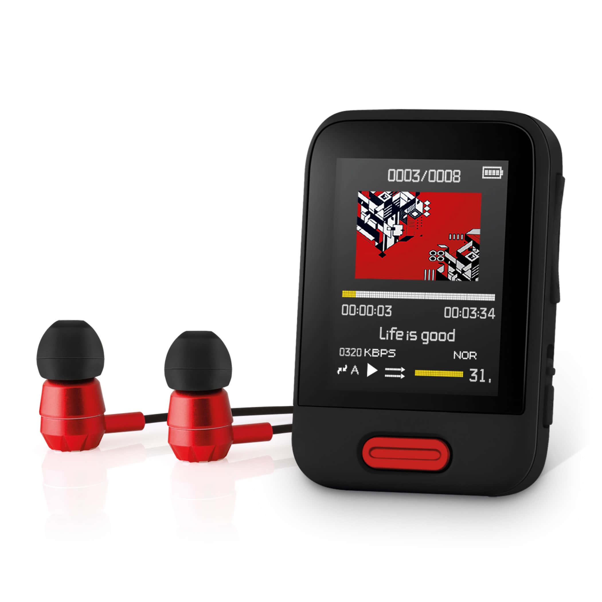 配耳機與螢幕的MP3播放器 壁紙 — 一部時尚的黑色MP3播放器帶有紅色點綴，在乾淨的白色背景上顯示幾何專輯封面和歌曲名稱Life is good。