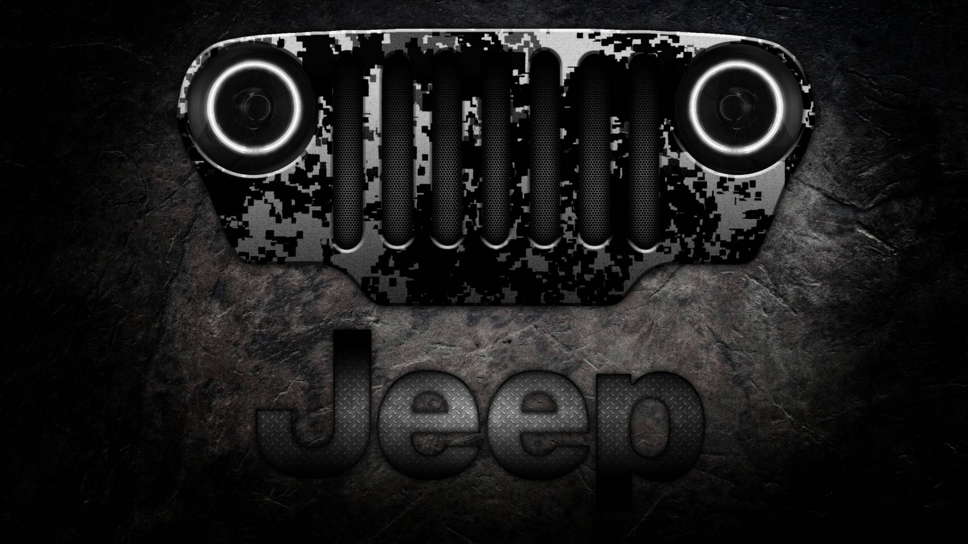 Jeep標誌，帶有發光的頭燈和迷彩圖案，置於深色石質背景上。