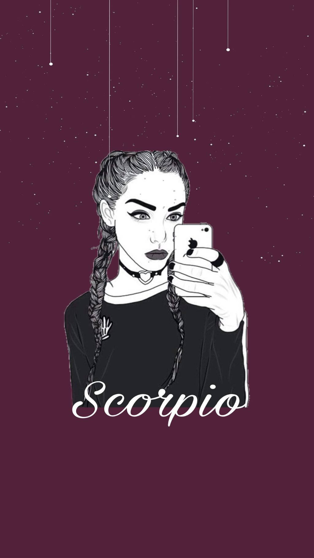 紮辮女孩在懸掛星星下自拍，下方寫有'Scorpio'。