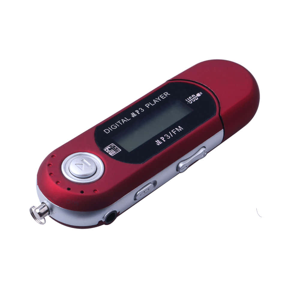 酒紅色MP3播放器圖片 壁紙 — 一部時尚的紅色數碼MP3播放器，帶有銀色點綴和小屏幕，孤立地放在白色背景上。