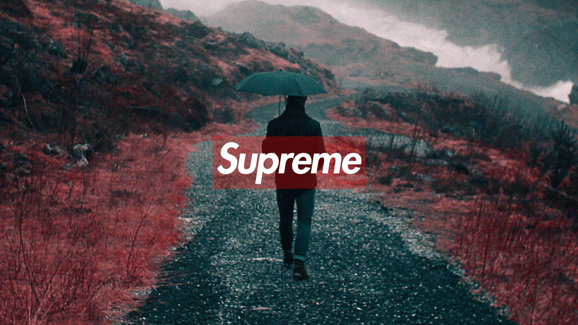 在霧氣瀰漫的紅色景觀中，一個人撐著傘走在碎石路上。