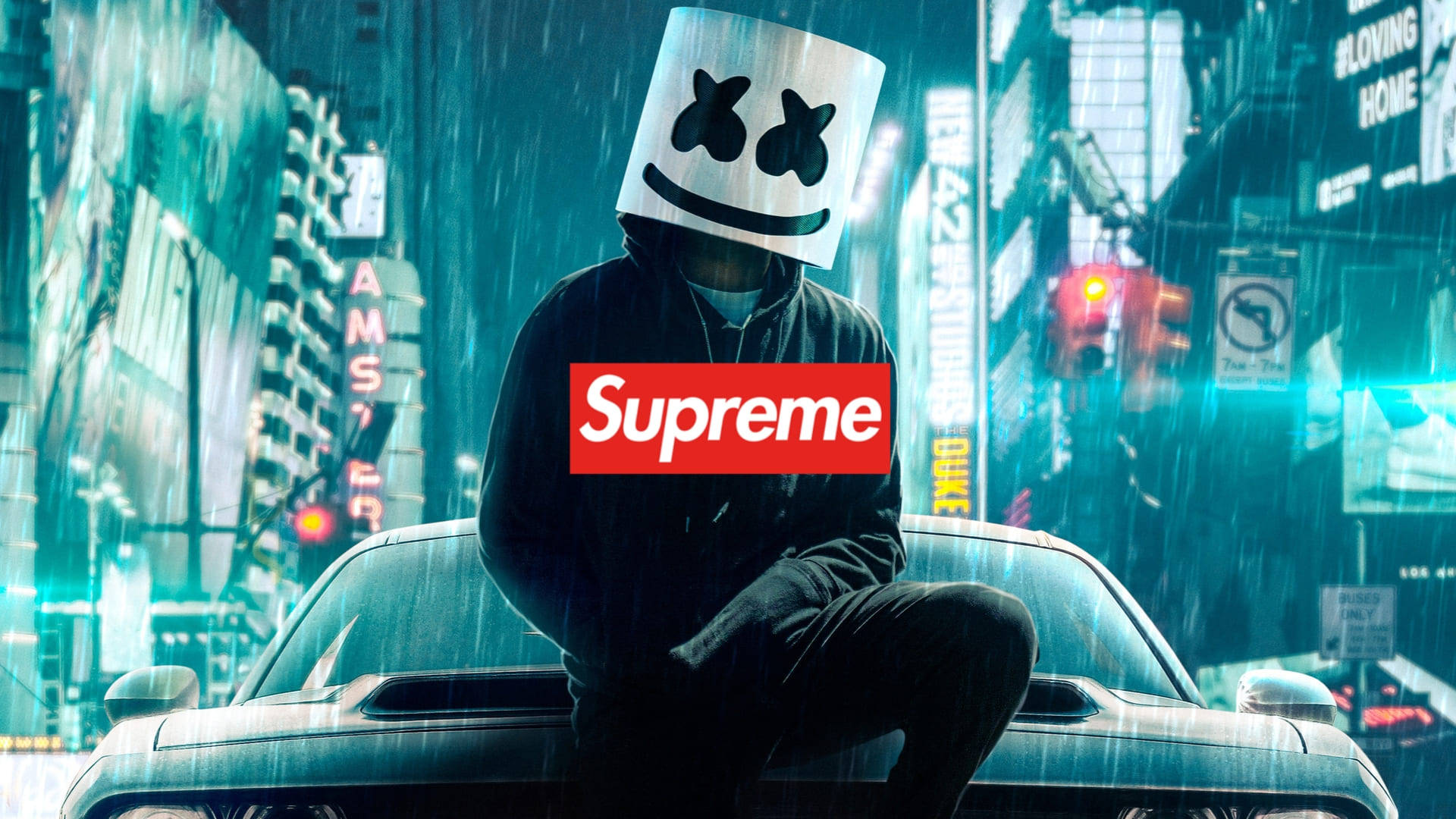 酷 Supreme Marshmelo 壁紙 — 一個人戴著棉花糖面具坐在一輛車上，背景是下雨的霓虹燈城市景觀，帶有 supreme 標誌。
