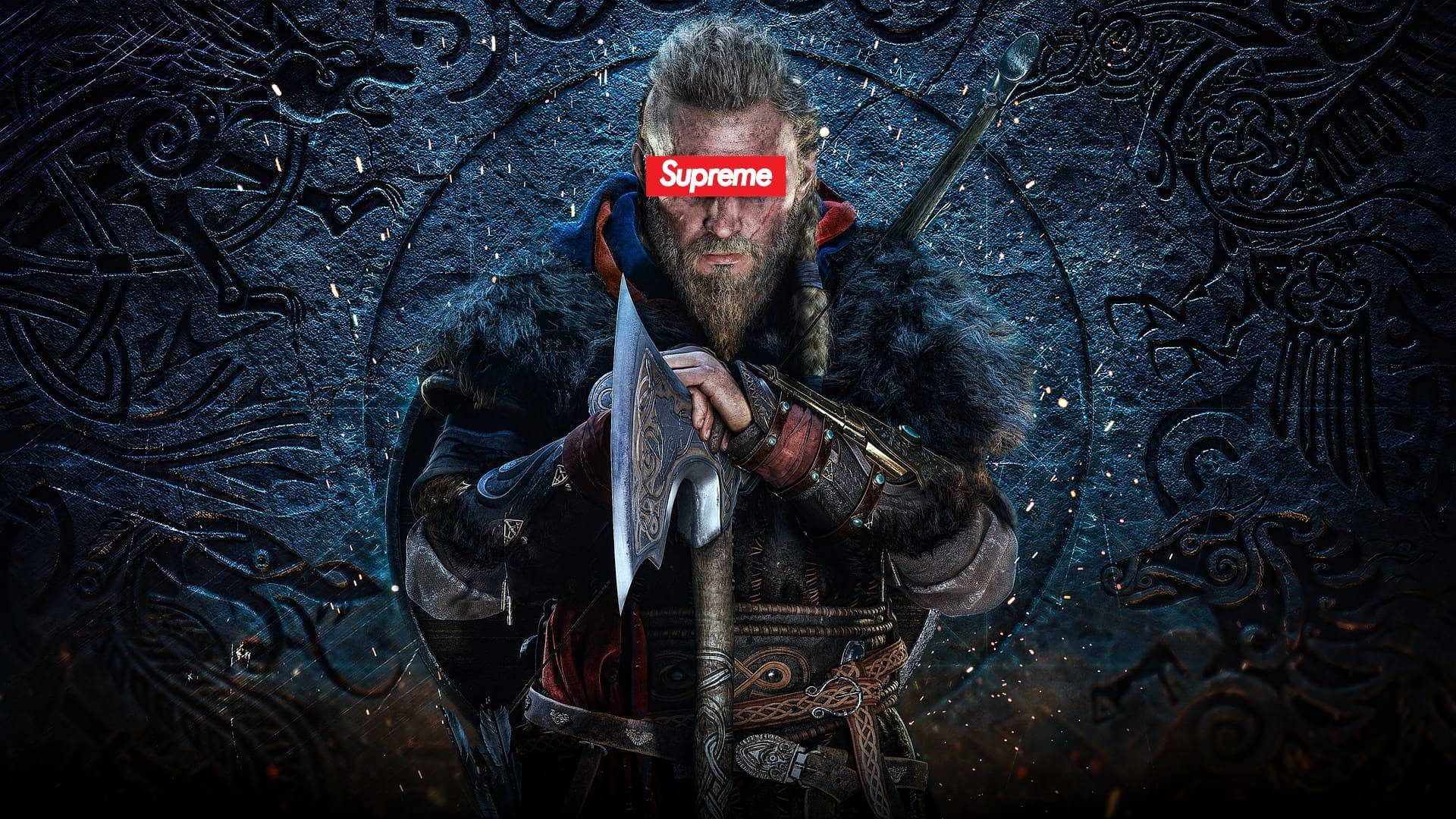 酷 Supreme 北歐維京人 壁紙 — 一位留鬍鬚的戰士穿著毛皮襯裡的盔甲，在黑暗華麗的背景中手持戰斧，火花四濺。