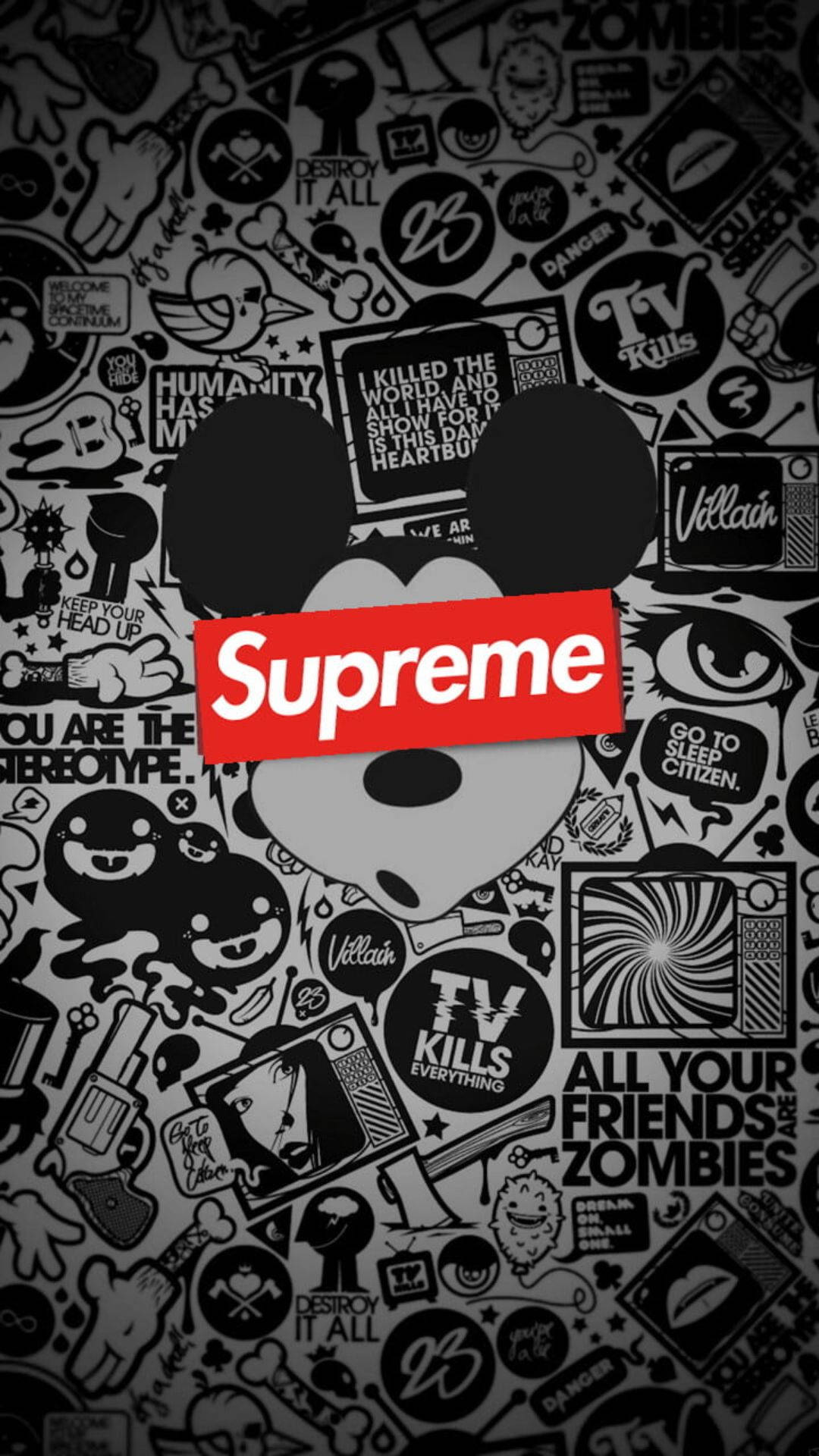 酷 Supreme 米老鼠頭 壁紙 — 一幅黑白拼貼畫，呈現混亂的塗鴉風格貼紙和標語，並在米奇老鼠剪影上疊加紅色Supreme標誌。
