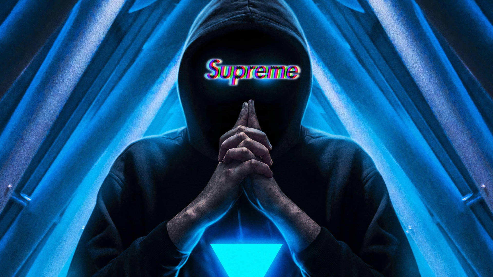 酷 Supreme 藍色倒三角 壁紙 — 一個戴著兜帽的人物，臉上帶有發光的「Supreme」文字，胸前有一個藍色三角形，被霓虹藍色光束框住。