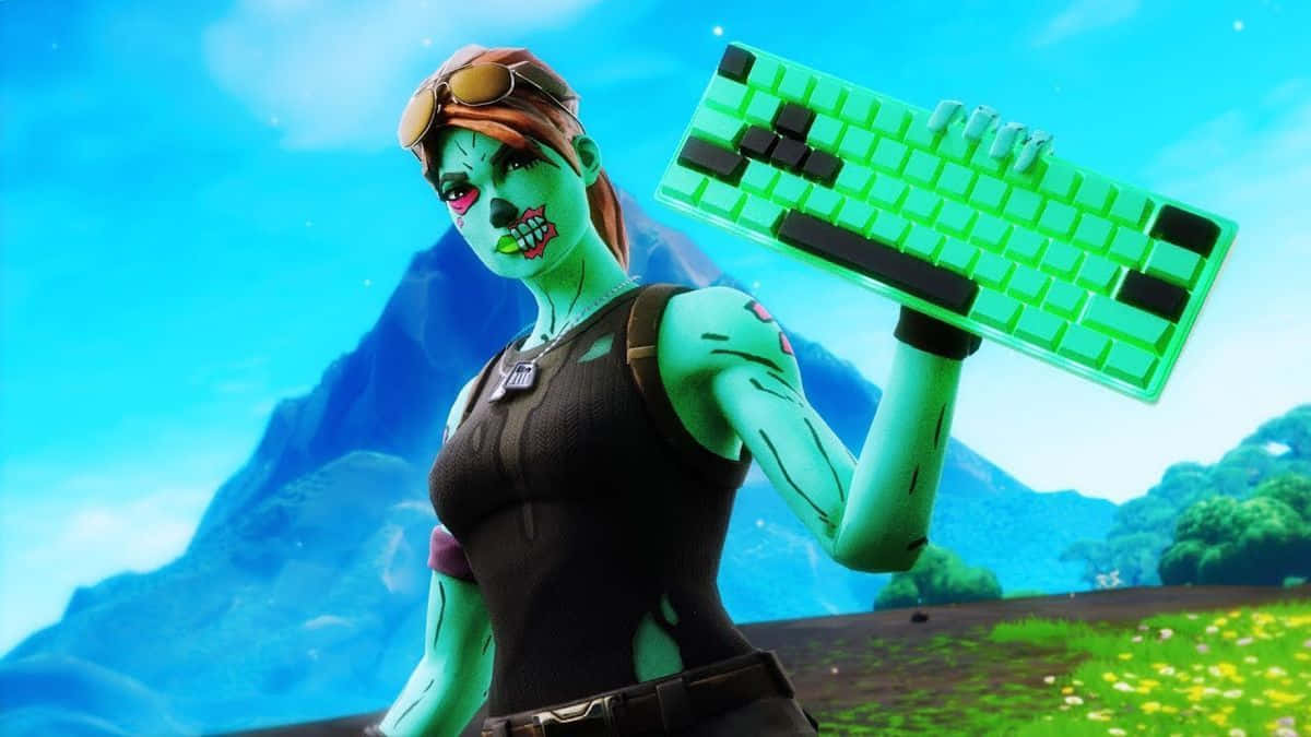 喪屍Fortnite角色喺山區風景中揸住一個發光綠色鍵盤。