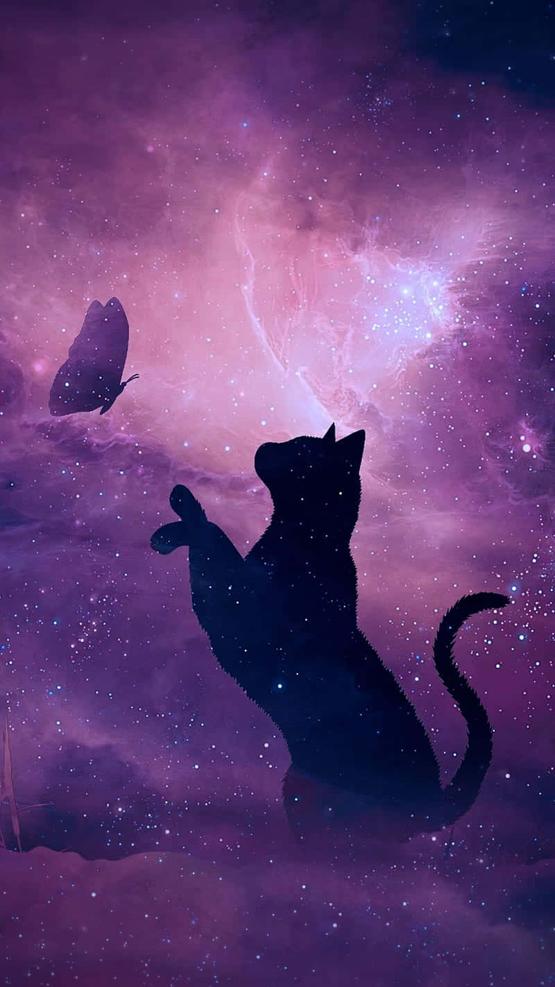 酷動物銀河的壯觀景象 壁紙 — 一隻黑貓的剪影仰望發光的紫色星雲，一隻蝴蝶在繁星點點的宇宙雲層中飄蕩。