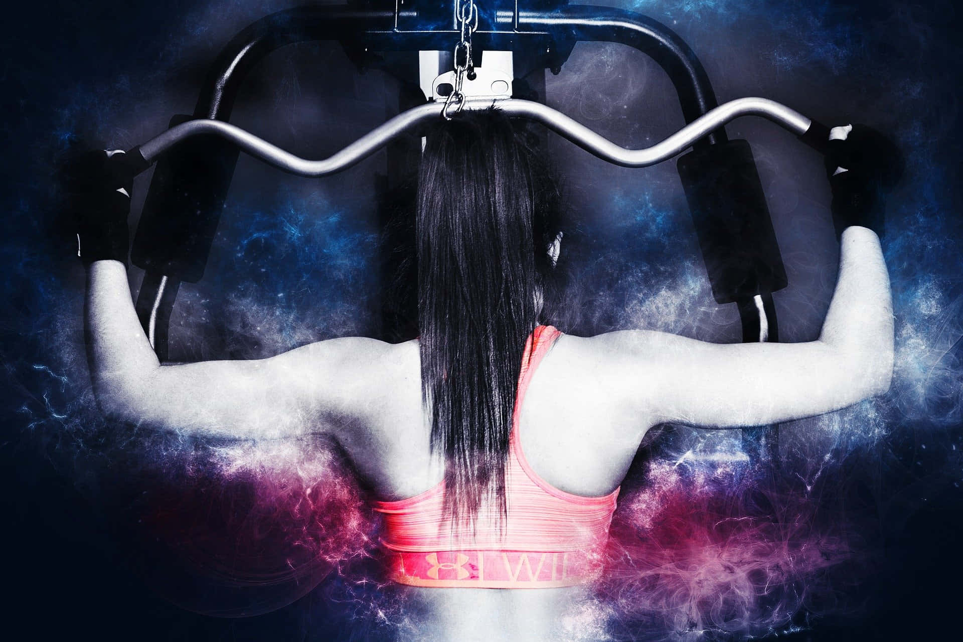 運動型女性舉重，身後有宇宙能量效果。