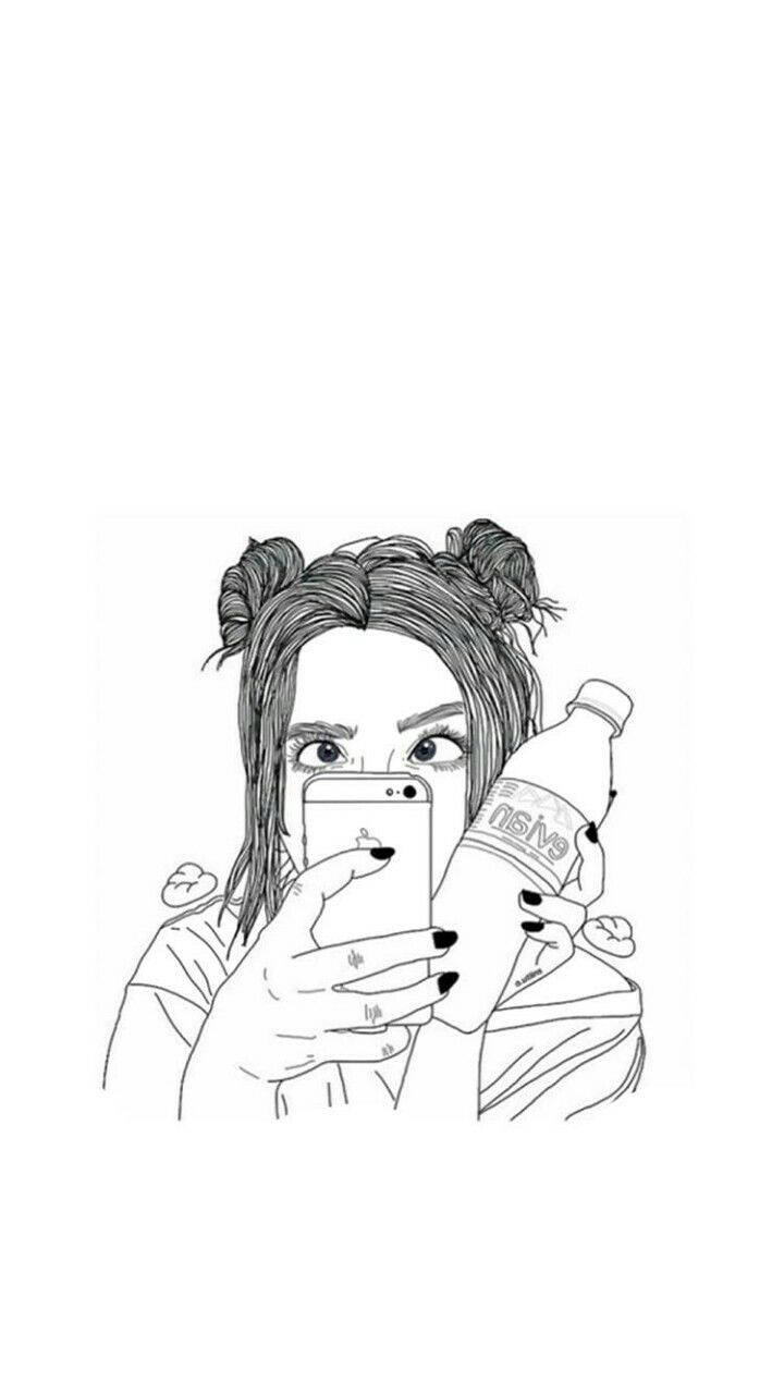 雙丸子頭女孩拿著汽水瓶自拍