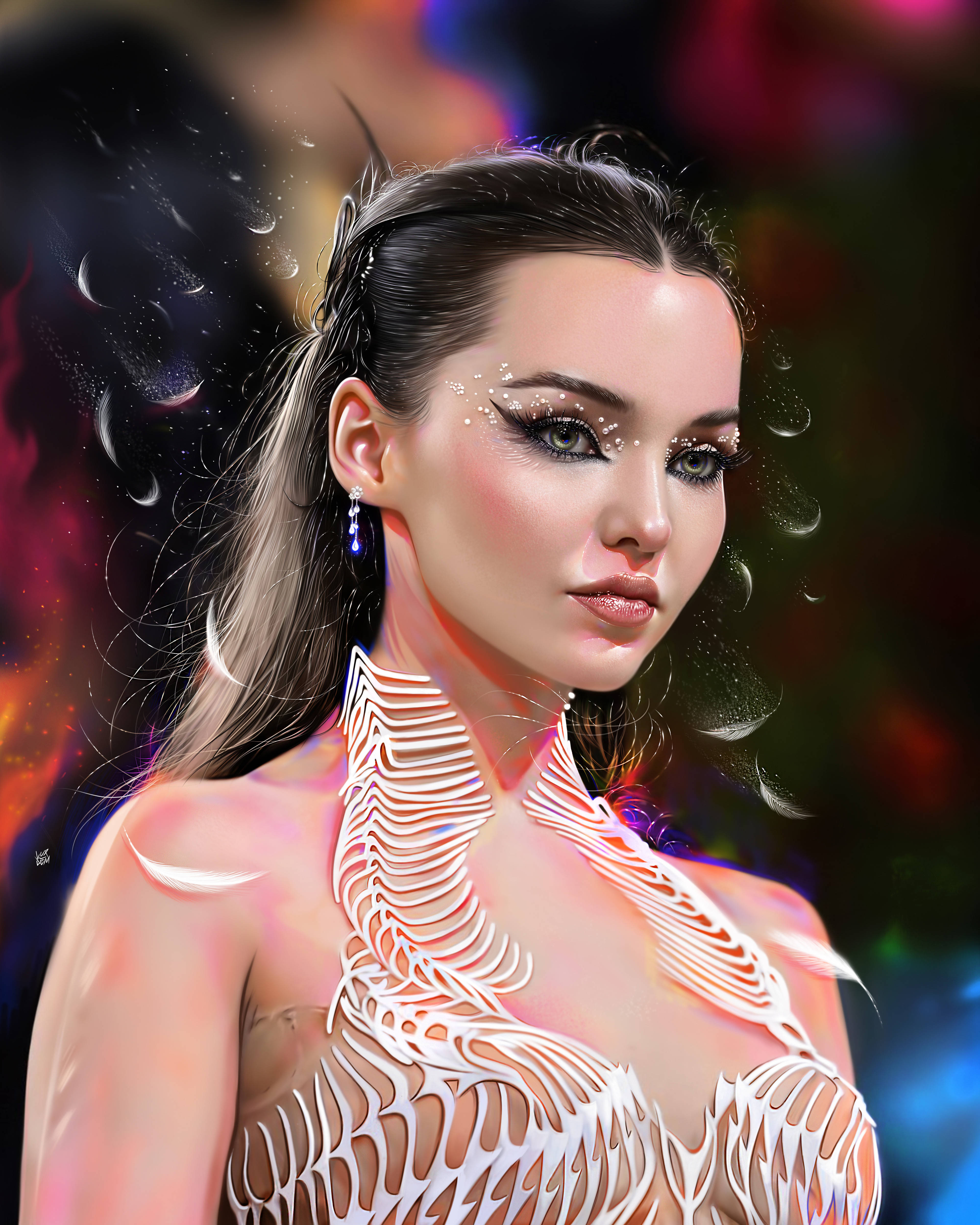 酷女孩妝容 壁紙 — 一幅數碼藝術肖像畫，描繪一位女性，雙眼發光，軀幹上有精緻的白色羽毛狀圖案，背景是宇宙星雲。