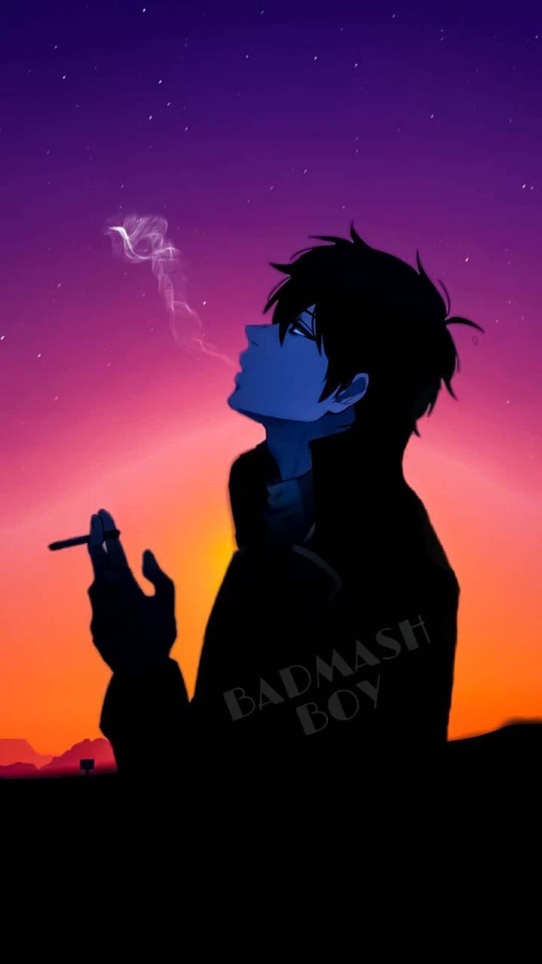 動畫男孩在日落時吸煙，背景有星星