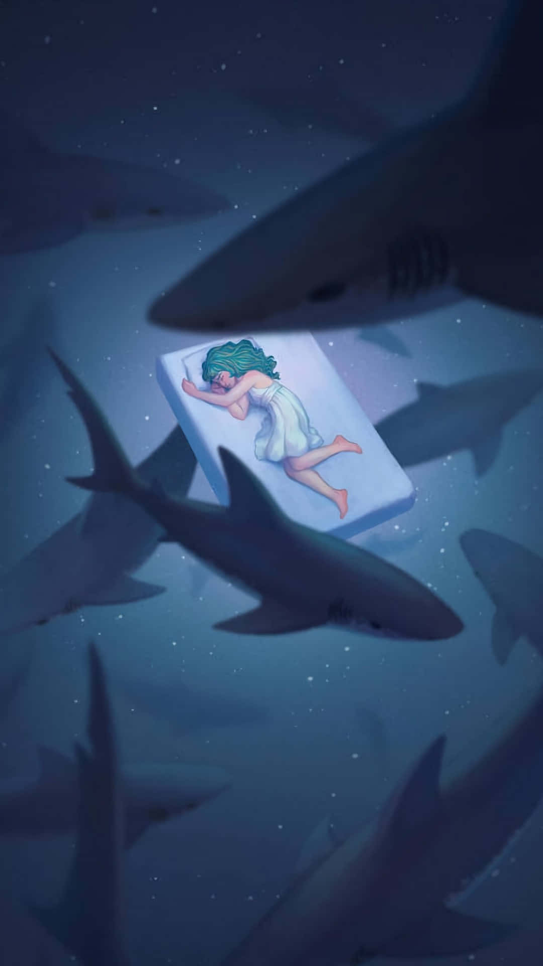 一個女孩在繁星點點的海洋中，被鯊魚包圍的漂浮床墊上睡覺。