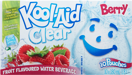 酷愛人清涼莓果味飲料包裝 壁紙 — 一個充滿活力的Kool-Aid Clear Berry飲品盒，配有新鮮草莓和微笑的藍色水壺吉祥物。
