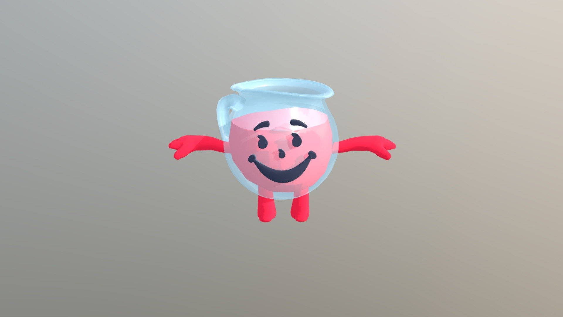 酷愛飲料人3D模型 壁紙 — 一個愉快的3D渲染粉紅色液體角色，在玻璃壺中有紅色四肢，對著中性灰色背景微笑。