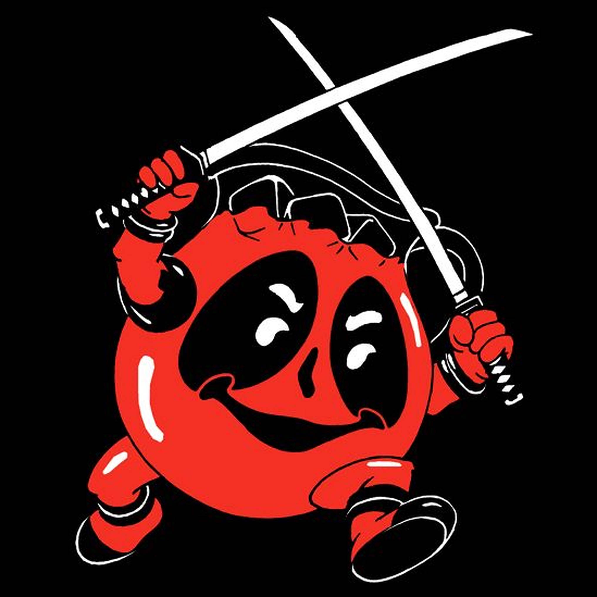 酷愛飲料人化身死侍 壁紙 — 一個紅色卡通死侍角色在黑色背景上揮舞兩把交叉的劍，露出頑皮的笑容。