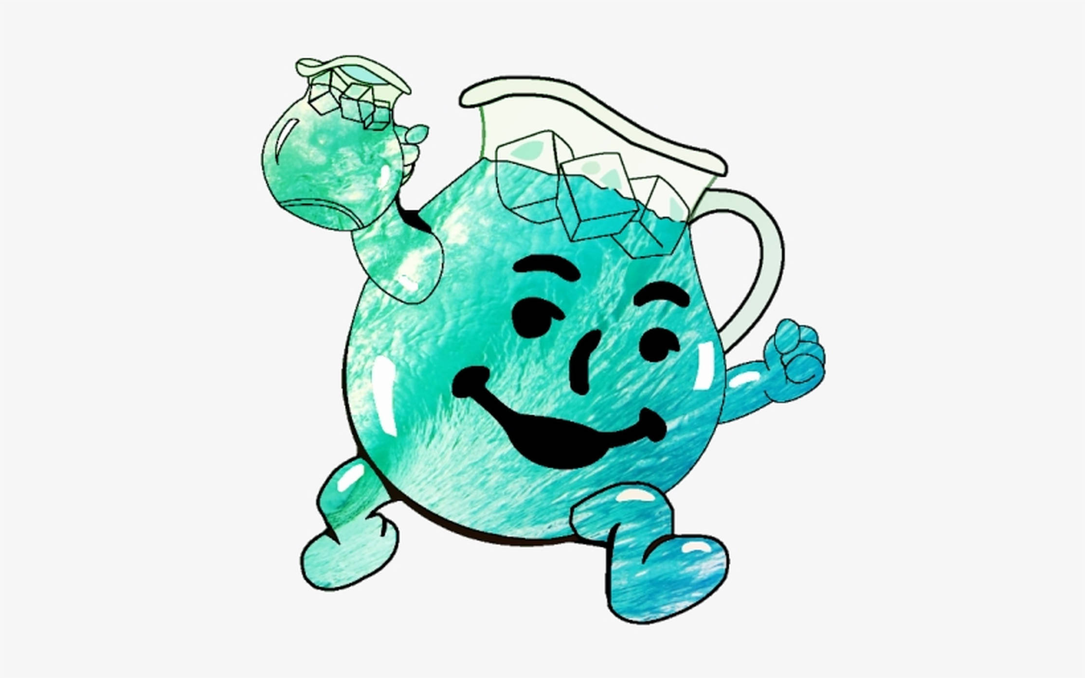 酷愛飲料人撞破牆壁 壁紙 — 一個快樂的藍綠色水壺角色，帶有冰塊和手腳，在純色背景上快樂地奔跑。