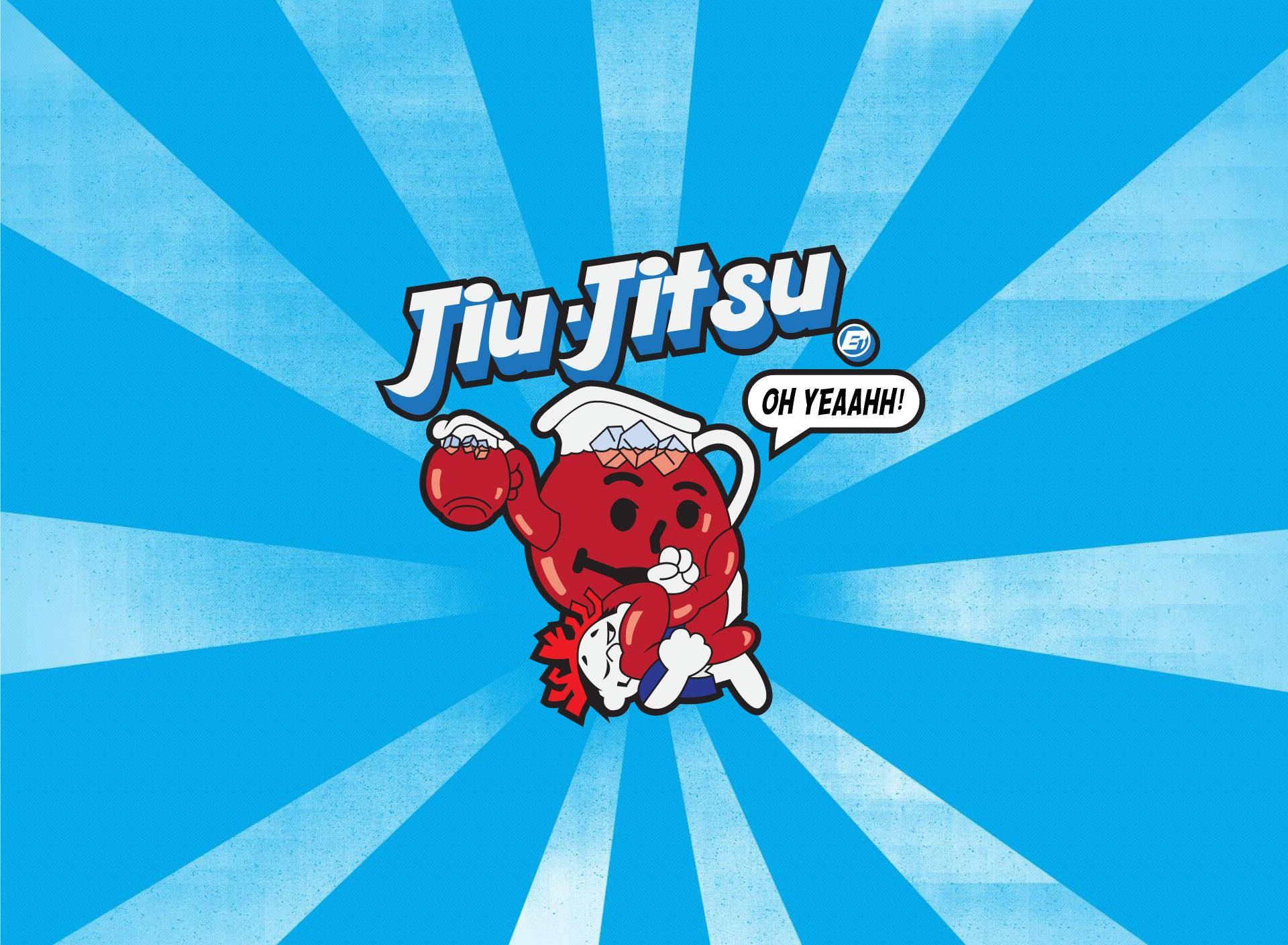 酷愛飲料人表演柔術動作 壁紙 — 一個戴著白色廚師帽的紅色Kool-Aid Man卡通角色，在藍色放射狀背景上表演柔術動作，並帶有「Jiu-Jitsu」文字。