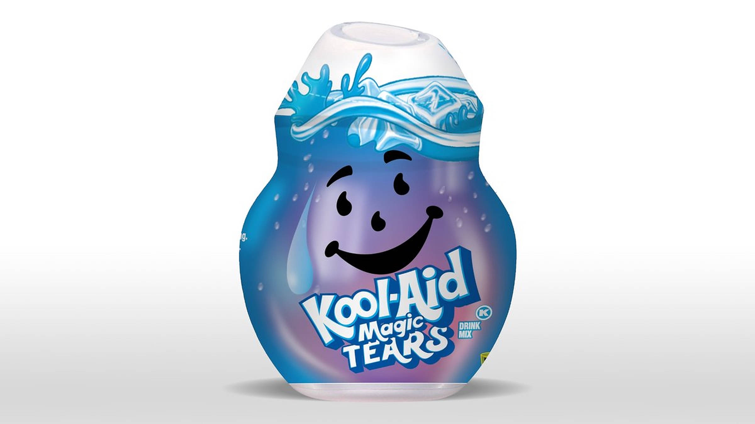 酷愛飲料人魔法淚珠 壁紙 — 一個鮮藍色的Kool-Aid Magic Tears瓶子，帶有微笑的紫色臉孔和冰涼飛濺設計，背景是潔淨的白色。