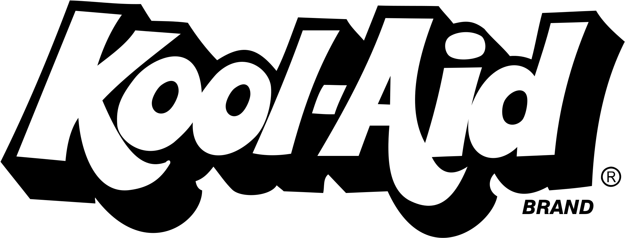 酷樂品牌標誌 壁紙 — 大膽白色Kool-Aid標誌以風格化手寫體呈現，置於純黑色背景上，附有註冊商標符號。