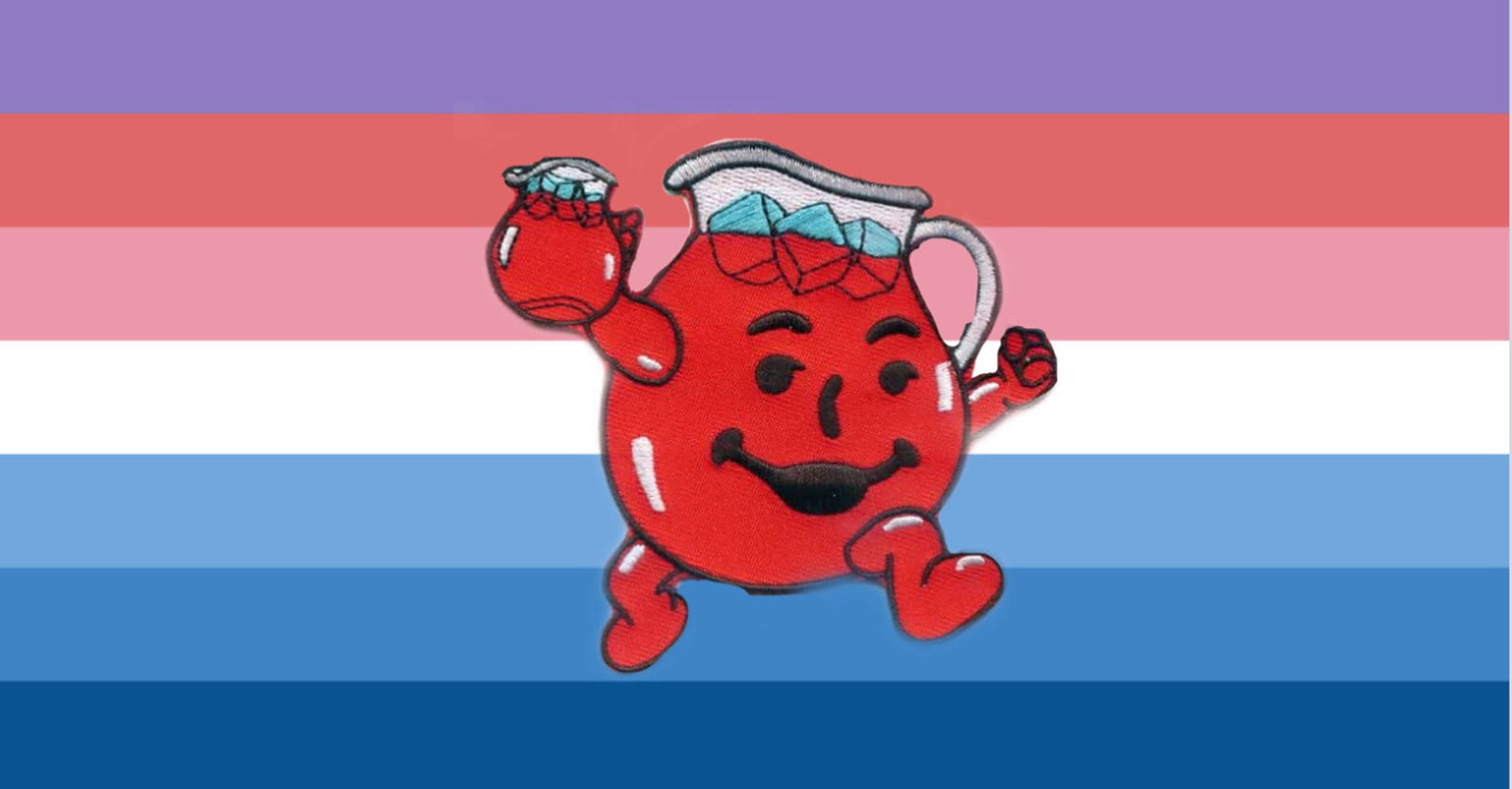 酷樂飲料人對彩色牆 壁紙 — 一個快樂的紅色Kool-Aid Man吉祥物在充滿活力的跨性別驕傲旗背景前歡快地跳舞。