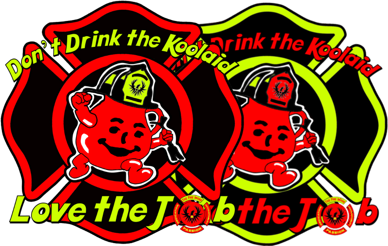 酷樂飲消防員激勵圖像 壁紙 — 兩個微笑的紅色Kool-Aid男人角色戴著消防員帽，站在交叉的紅色和綠色消防局徽章內，帶有粗體文字。
