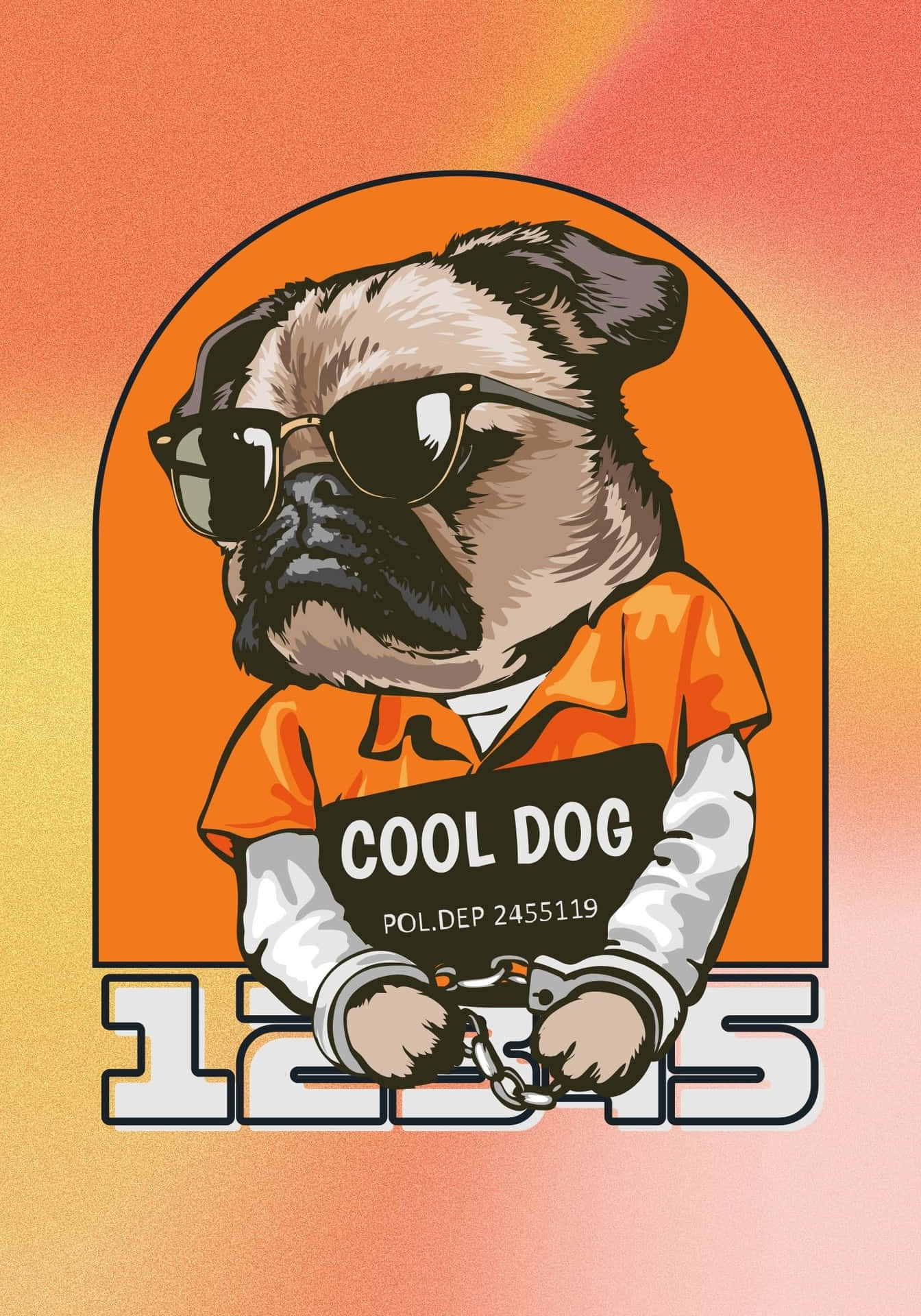 一隻卡通八哥犬戴著太陽眼鏡、身穿橙色連身衣、戴著手銬。